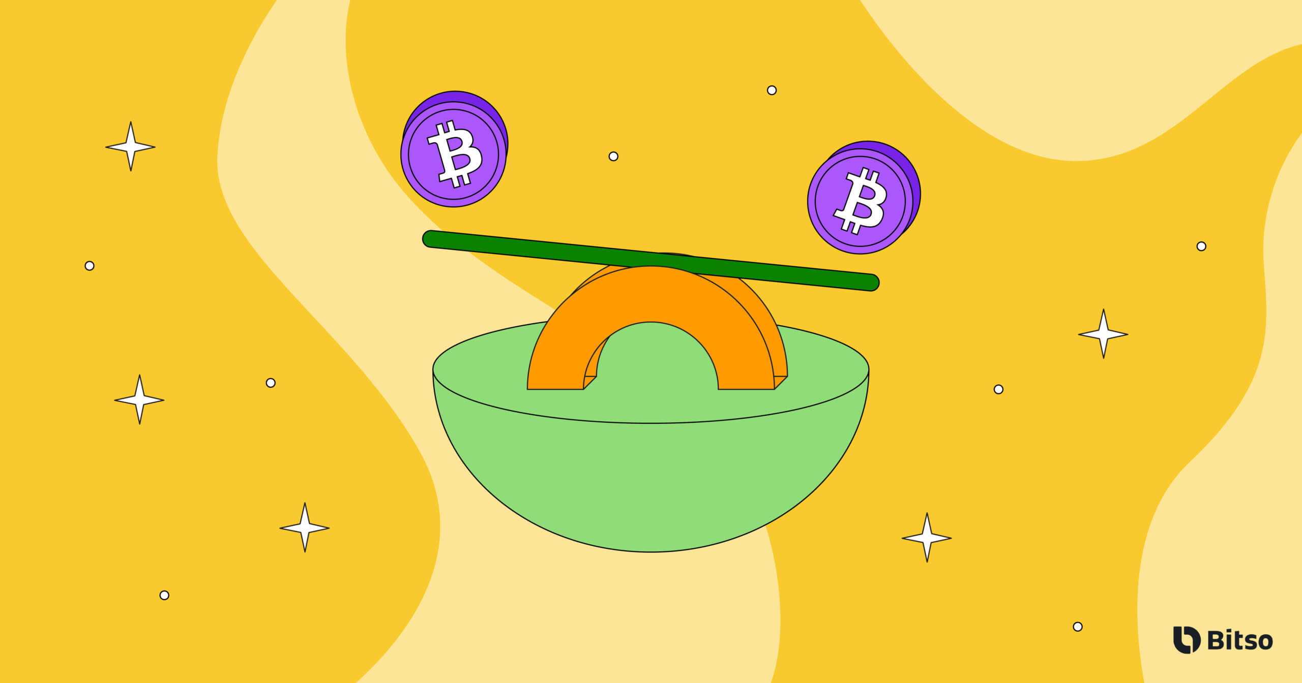 Balança com moedas de bitcoin para falar de preços de criptomoedas