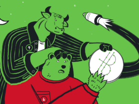Imagem de um touro e um urso brigando por um Bitcoin, representando bull market e bear market em criptomoedas.