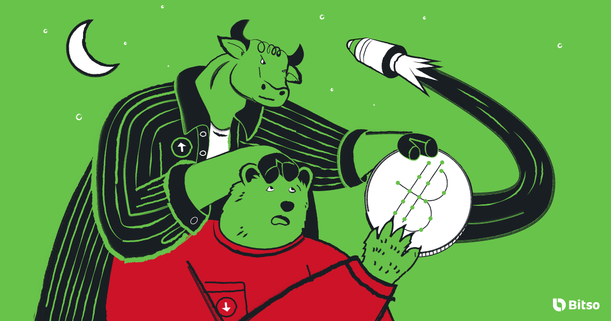 Imagem de um touro e um urso brigando por um Bitcoin, representando bull market e bear market em criptomoedas.