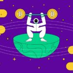 Imagem com astrounauta segurando halteres em forma de bitcoin