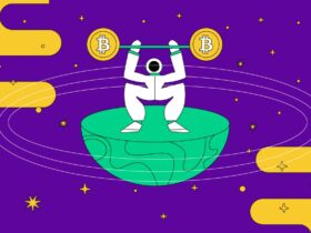 Imagem com astrounauta segurando halteres em forma de bitcoin