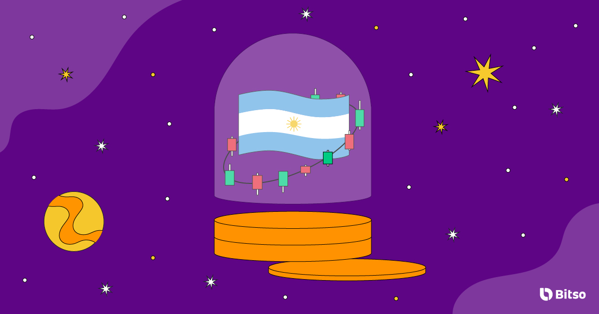 Imagen de un grafico de velas y la bandera argentina