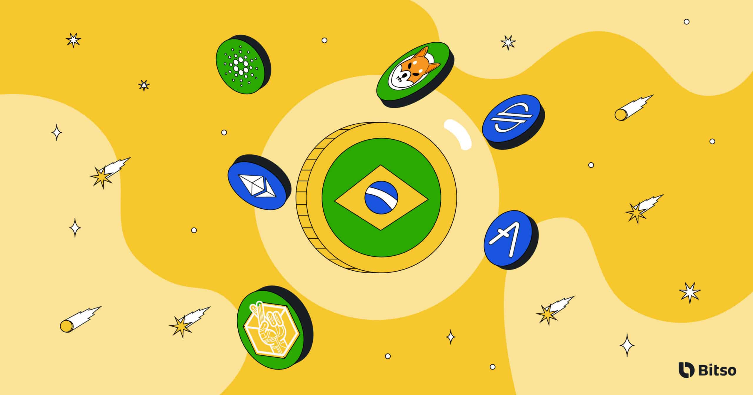 Moeda com bandeira brasileira ao centro e criptomoedas em volta.