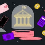 Imagem de banco com calculador, carteira e moedas ao redor.