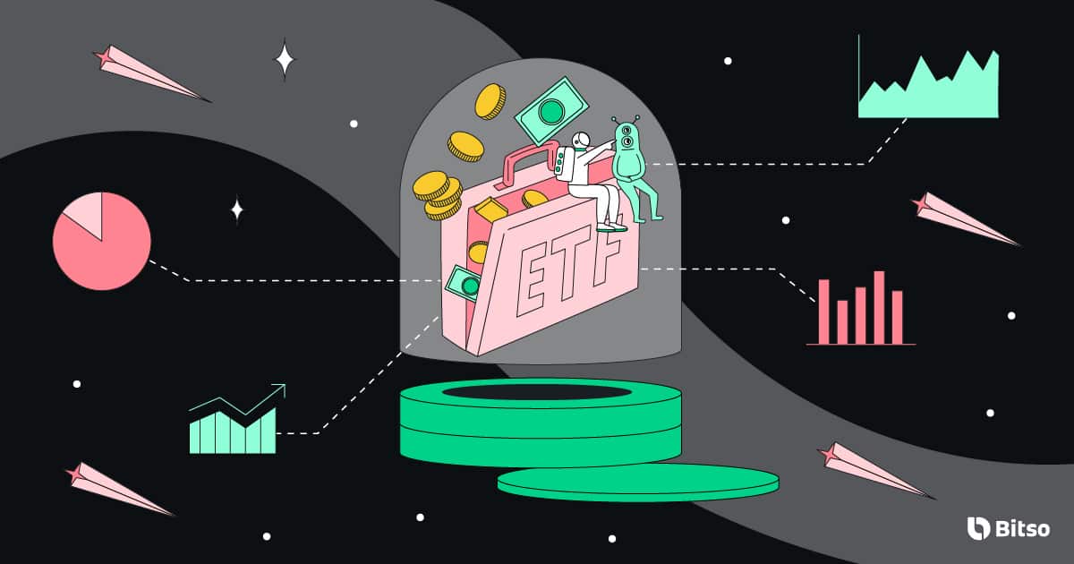Imagem de moedas e uma mala com ETF escrito.