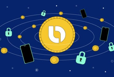 Imagem do bitcoin com celulares e tokens ao redor.