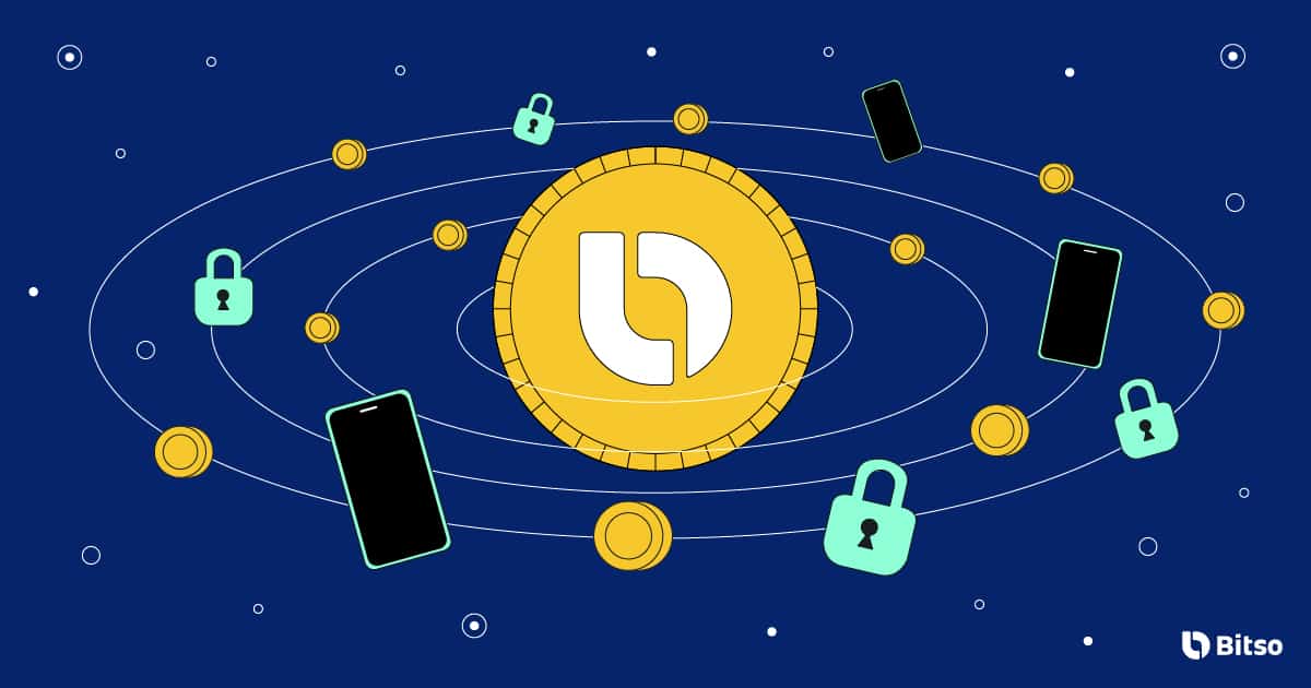 Imagem do bitcoin com celulares e tokens ao redor.