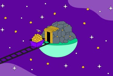 Imagem de mineração com moedas de ouro saindo em comboio em cima de trilhos.