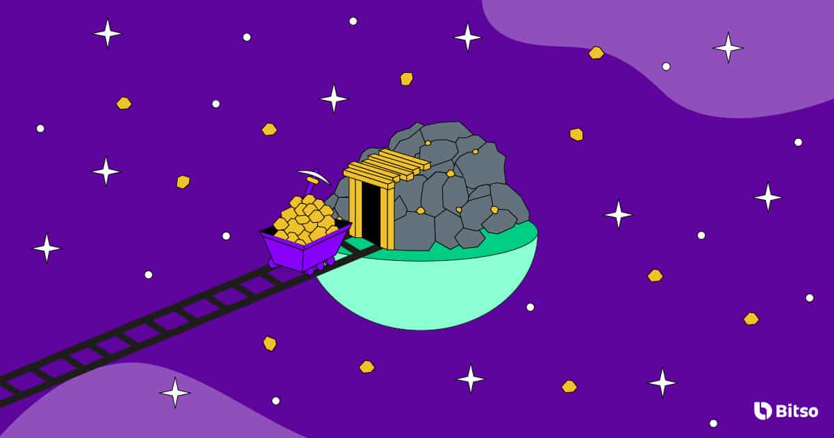 Imagem de mineração com moedas de ouro saindo em comboio em cima de trilhos.