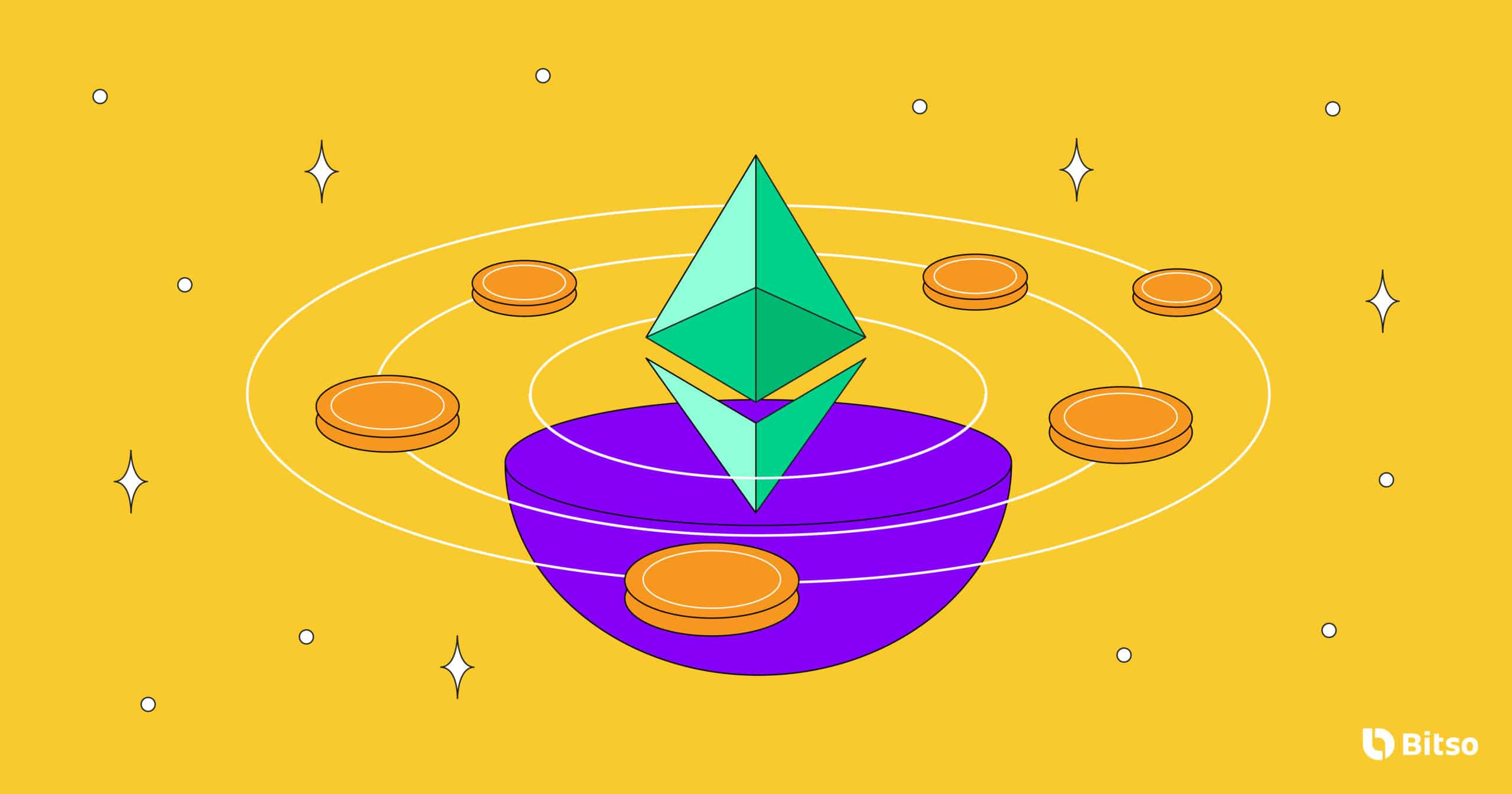 Imagem do logo da Ethereum no centro com moedas ao seu redor.