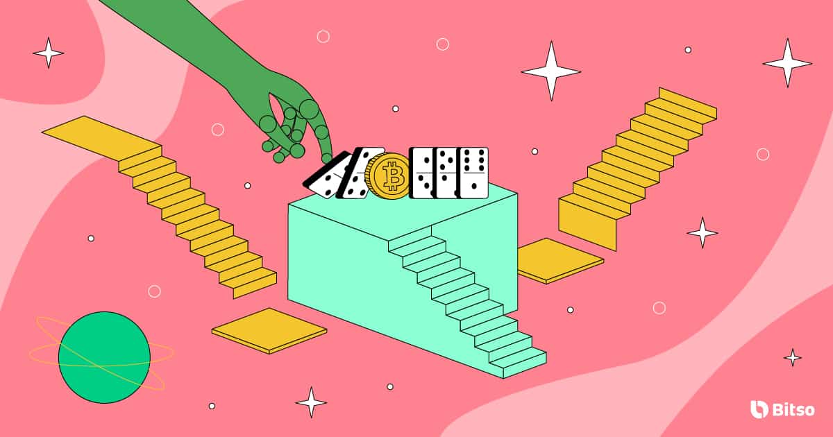 Imagem de escada com dominós enfileirados e uma moeda.