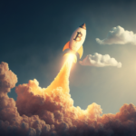 Imagem de um foguete com o símbolo do Bitcoin decolando, demonstrando a forte alta recente do Bitcoin